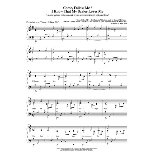 Come, Follow Me/I Know That My Savior Loves Me - unison vocal with piano & organ accompaniment, congregation, optional flute